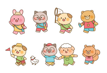 Cute animal friends going on a picnic together. Flat cartoon illustration featuring bunny, bear, cat, dog, sheep, and squirrel in colorful preschool outfits.