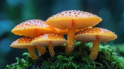 A cluster of glowing mushrooms illuminating the forest floor in the dead of night