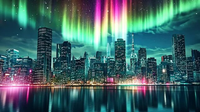 Aurora Borealis Illuminates the City Skyline, Vibrant Light Show over Urban Landscape