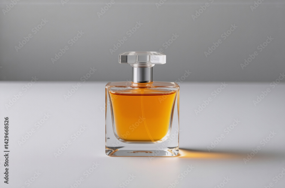 Poster a square glass perfume bottle with amber liquid sits on a white surface, cast in soft light, showcas