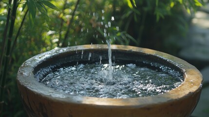 Water falling from a bamboo fountain in a tranquil Zen garden