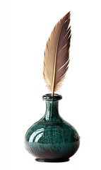 A quill feather in a teal glass inkwell