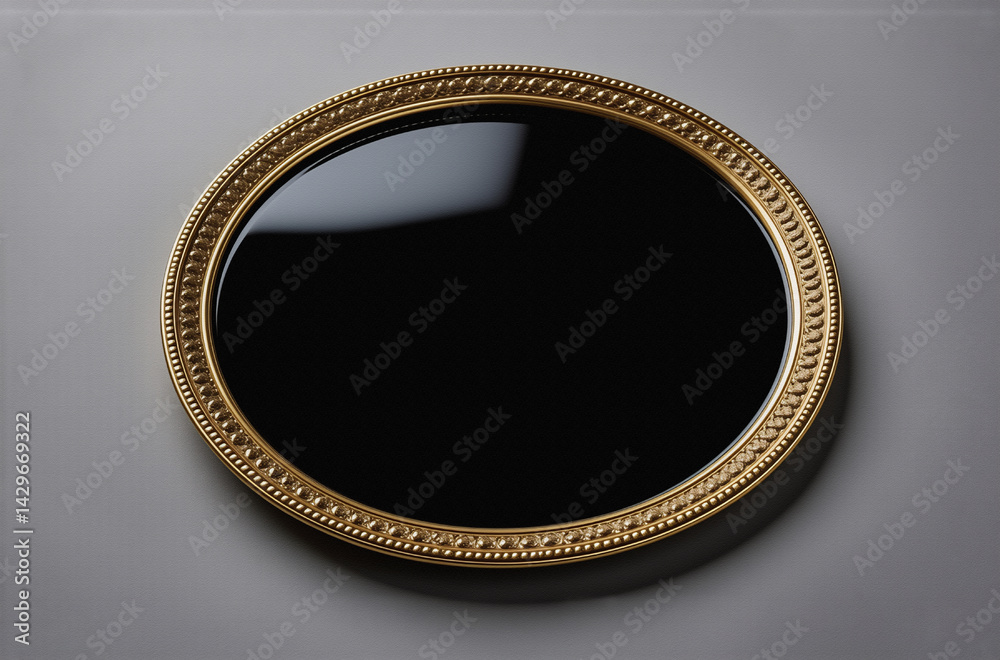 Poster a circular, black reflective surface is encased in an ornate gold frame with beaded detailing. the i