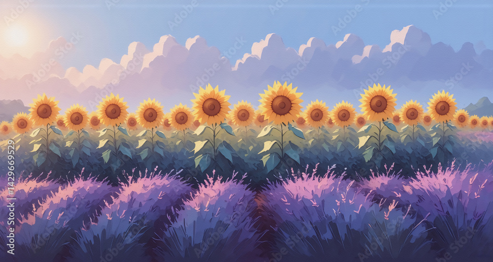 Poster a vibrant field of sunflowers and lavender basks in the warm glow of the setting sun, evoking a sens