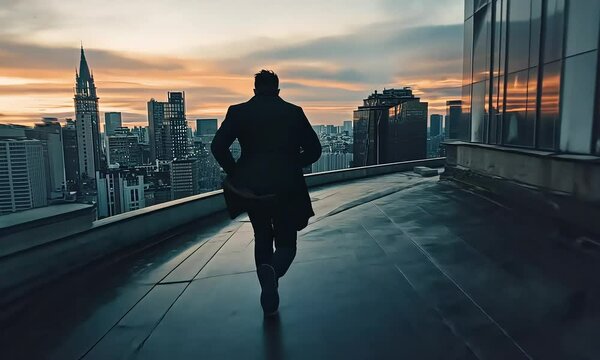 Man in detective suit running across urban rooftop during dramatic twilight chase scene in city

