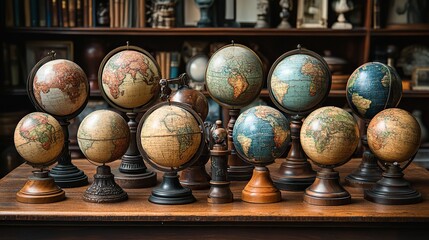 A collection of vintage globes with detailed maps and wooden stands