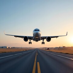 Passenger plane lands at the airport on the runway 