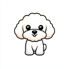 Cartoon illustration of a small, white dog with a fluffy hairstyle and a friendly smile