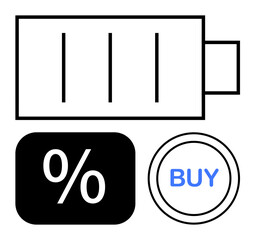 Battery outline symbolizing energy with percentage sign and buy button. Ideal for technology, e-commerce, marketing, sales, discounts, energy-saving, shopping. Flat simple metaphor