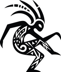 Dancing Kokopelli Silhouette with Geometric Tribal Patterns
