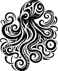 Tribal Octopus Silhouette with Swirling Tentacle Art