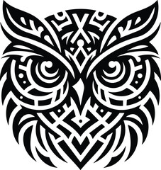 Mystic Owl Face Silhouette with Tribal Art Feathers