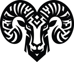 Bold Geometric Ram Head Silhouette with Tribal Horn Patterns