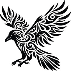 Tribal Raven Silhouette with Intricate Wing Patterns