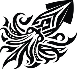 Tribal Squid Silhouette with Geometric Patterns in Bold Art Style