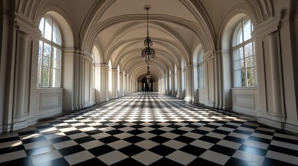 Fototapeta premium Elegant Arched Hallway with Checkered Floor ideal for capability statement design elements