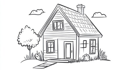 House sketch with landscape for coloring book pages or architecture design ideas