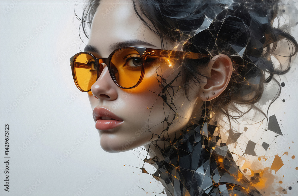 Poster a stylized portrait of a woman, her face partially merging with geometric, fragmented forms. amber-t