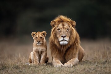 Obraz premium Lion and Its Cub Sitting on Grassland in Maasai Mara, Africa