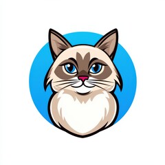Cartoon illustration of a cat with light beige fur, brown markings, and bright blue eyes looking directly at the viewer