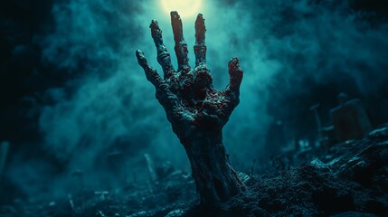 Fototapeta premium A gruesome, decaying zombie hand reaching out from a shadowed graveyard.