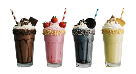 Four milkshakes with straws and toppings on a white background in plastic cups (chocolate, strawberry, black cookie, pistachio) without background png 