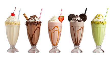 Four milkshakes with straws and toppings on a white background in plastic cups (chocolate, strawberry, black cookie, pistachio) without background png 