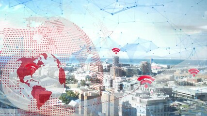 Red halftone globe spinning over urban waterfront, showing floating Wi?Fi icons and mesh overlay - Powered by Adobe