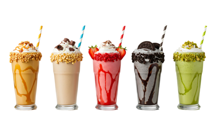 Five milkshakes with straws and toppings on a white background in plastic cups (caramel, chocolate, strawberry, black cookie, pistachio) without background png 