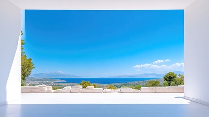 Panoramic sea view from a white architectural space