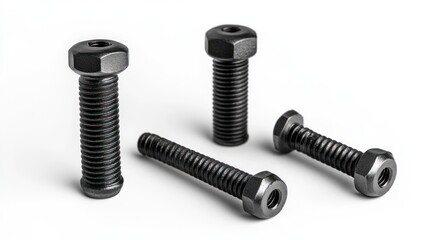 Black bolts and nuts on white background; industrial hardware