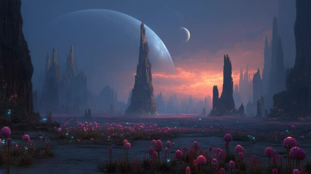A breathtaking alien landscape with towering rock formations and vibrant flora under a cosmic sky.