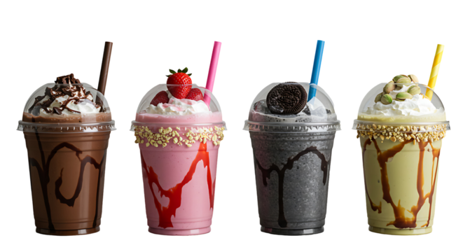 Four milkshakes with straws and toppings on a white background in plastic cups (chocolate, strawberry, black cookie, pistachio) without background png 