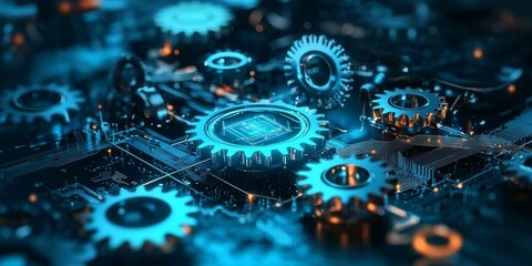 Visual representation of interconnected gears and devices symbolizing innovation.