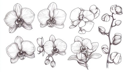 Artistic drawing of orchid flowers and buds isolated on white, for decoration