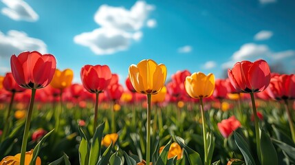 A field of colorful tulips blooming under a bright, spring sky