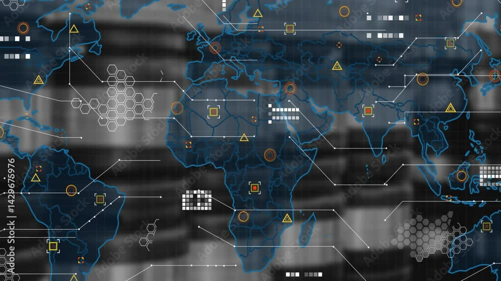 Poster global map interface being visualized in cyber dashboard, showing hex grids, colored data nodes