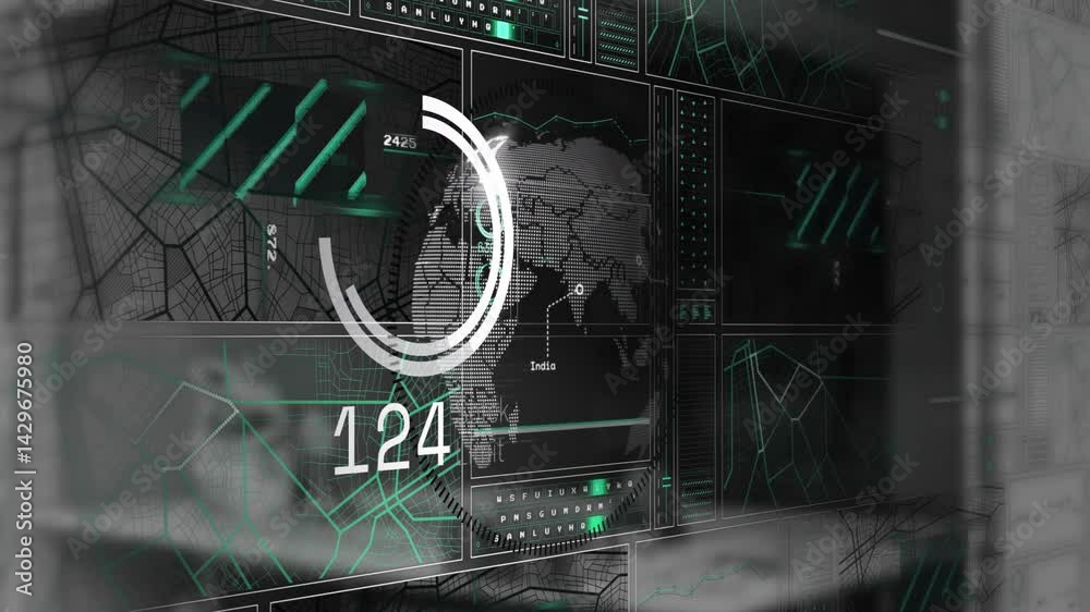 Poster animated dashboard being visualized with neon panels, rotating hud meter and moving data streams