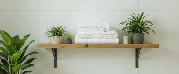 Two strong wooden shelves with potted plants against a dark green wall Pro Photo