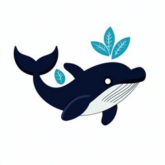 Minimalist cartoon illustration of a blue whale leaping with leaf shapes