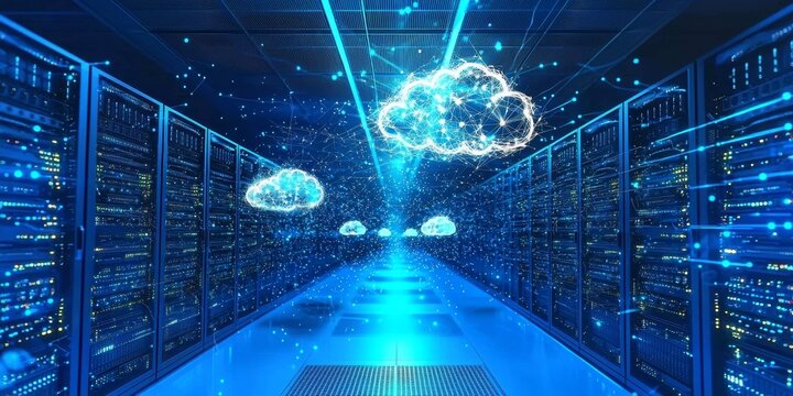 Illustration of a cloud server farm designed for large-scale data management.