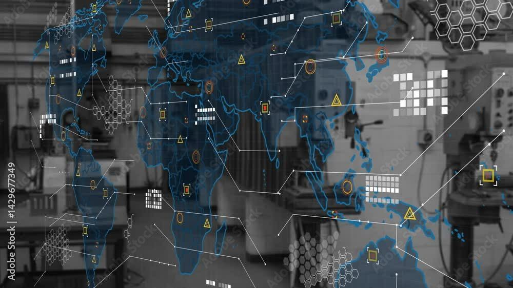Poster Digital world map overlay floating above industrial workshop featuring hex grid and data markers
