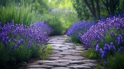 Obraz premium Stone path lavender garden background. Serene flowers for landscaping or relaxation use