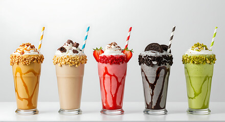 Five milkshakes with straws and toppings on a white background in glass cups (caramel, chocolate, strawberry, black cookie, pistachio)