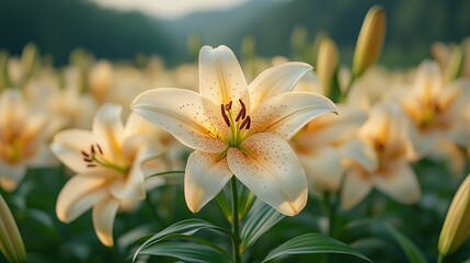 Fototapeta premium A field of lilies with elegant, fragrant blossoms