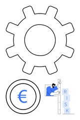 Gear symbolizing process, Euro icon for economy, person adjusting vertical risk scale. Ideal for business operation, finance, strategy, risk management, efficiency, evaluation simple landing page