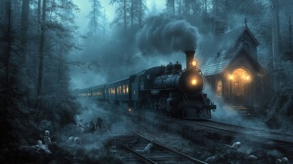 Naklejka premium A steam train traverses a misty, dark forest at night.