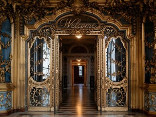 Fototapeta premium Ornate Building Entrance with Gold and Blue Details, luxury door facades decoration architectural style with historical old ornamental structure