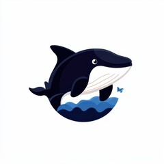 Fototapeta premium Cartoon whale leaping out of the water with a blue butterfly nearby