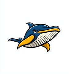Cartoon dolphin illustration with blue body, yellow beak, and fins in dynamic pose